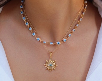 Evil Eye Necklace | Protection Jewelry | Good Luck Charm | Sapphire Evil Eye Choker | Evil Eye Pendant Chain | Lucky Eye Necklace