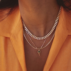Gold Layered Chain Necklace | Layered Link Chain Set| Palm Tree Pendant Chain | Chunky Gold Chain Set|  18k Gold Layered