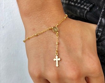 Rosary Bracelet Gold, Delicate Catholic Rosary, First Communion Gift, Dainty Rosary, Dainty Cross Bracelet, Miraculous Medal