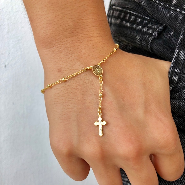 Rosary Bracelet Gold, Delicate Catholic Rosary, First Communion Gift, Dainty Rosary, Dainty Cross Bracelet, Miraculous Medal