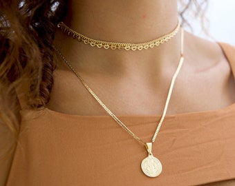 Dainty Gold 18K Choker Necklace, Saint Benedict Medallion, Gold Coin Minimal Boho, Gold Layered Necklace for Women