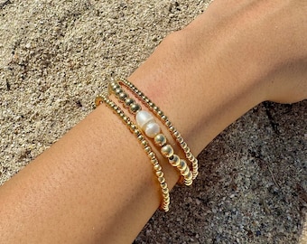 Dainty Gold Stackable Beaded Bracelets | Freshwater Pearl Bracelet | Gold Elastic Bead Bracelet | Beaded Accent Bracelet | Gold Bracelets
