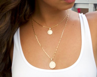 2 Dainty Gold Medallion Necklace, layered double dainty chains, coin dainty chain, Gold Rectangle Link Chain Necklace, layered gold chain