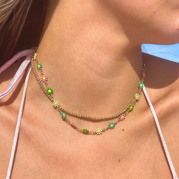 Multicolor Flower Charms Chokers | Summer Jewelry | Summer Indie Boho Daisy Floral Necklace | Colorful Daisy Link Necklace | Bead Necklace