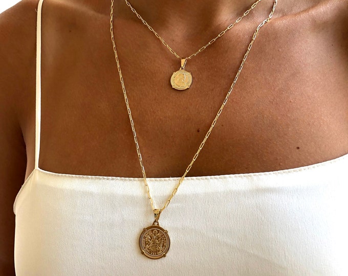 2 Dainty Gold Medallion Necklace | Gold Pendant Necklaces | layered double dainty chains | Gold Coin Necklaces | Gold Rectangle Link Chain