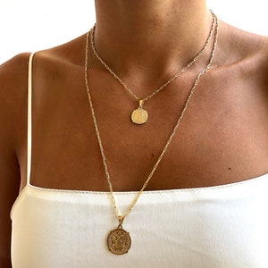 2 Dainty Gold Medallion Necklace | Gold Pendant Necklaces | layered double dainty chains | Gold Coin Necklaces | Gold Rectangle Link Chain