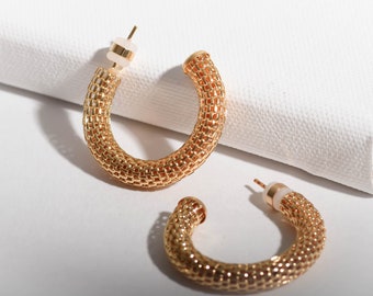 Chunky Open Gold Hoops, Designer Open Thick Hoops, Medium Thick 18k Gold Filled Hoops with 1.3 Inch Diameter