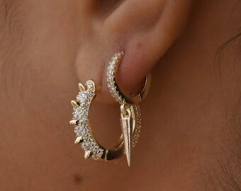 Gold Dangling Spike | Dainty Hoop Earrings | Cz Hoop, Gold Cz Hoop | Spike Earring | Dagger Earring Hoop | Gold Dangling Hoop