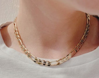 Gold Chain Necklace, 6mm Diamond Cut Figaro Chain, Long Chain Necklace, Minimalist Gold Chain, Necklace for Women Gold Figaro Chain Necklace