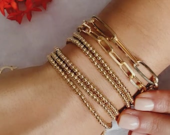 Dainty Gold Stackable Beaded Bracelets | Gold Bracelets | Gold Elastic Bead Bracelet | Beaded Accent Bracelet 18k Gold Layered Beads