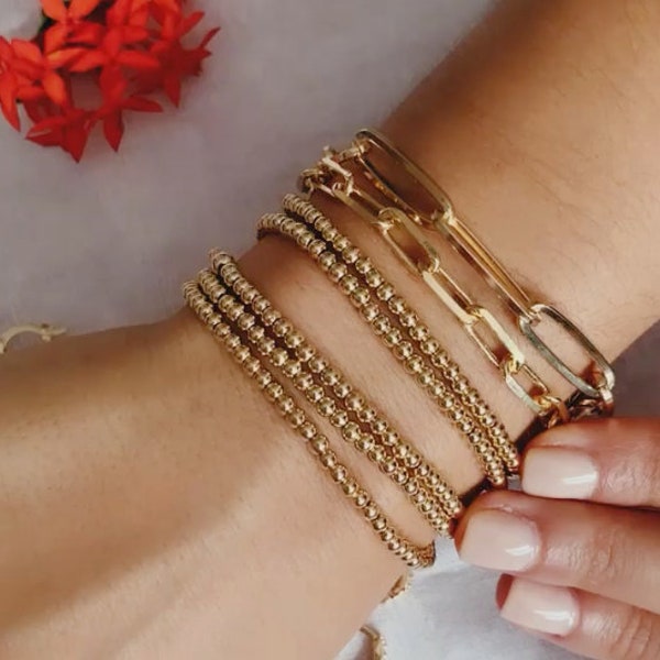 Dainty Gold Stackable Beaded Bracelets | Gold Bracelets | Gold Elastic Bead Bracelet | Beaded Accent Bracelet 18k Gold Layered Beads