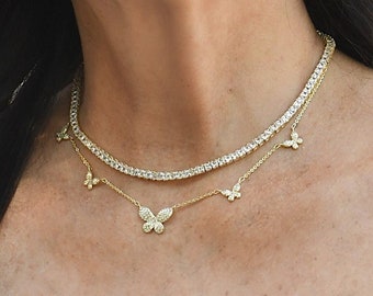 Conjunto de colar borboleta de diamante AAA+ CZ | Conjunto de colar borboleta de ouro | Colar de tênis | Colar de pingente de borboleta Colar de borboleta em camadas