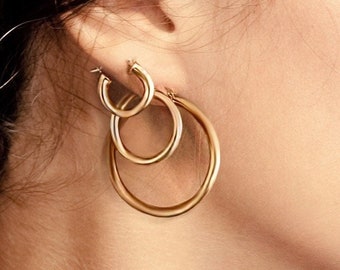 18K Gold Layered Hoops | Gold Hoop Earrings | Simple Thick Hoops | Small Medium Large Gold Hoops