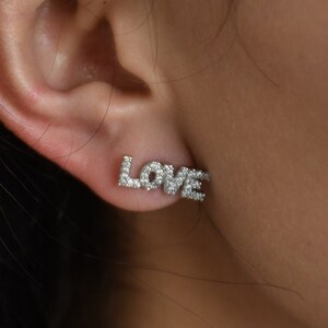 White Gold Earrings, White Gold Studs, Gold Filled Studs, Love Studs, Love Earrings, Valentine Studs, CZ Studs, Cubic Zirconia