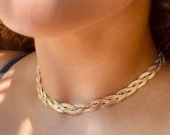 Colar com corrente em espinha de peixe e ouro 18K, joias femininas, gargantilha de ouro com cobra, colar para o dia a dia feminino, colar para ela
