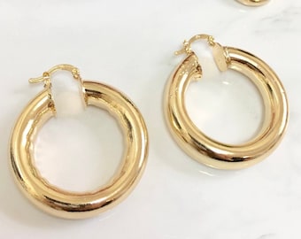 Argolas de ouro grossas, argolas cheias de ouro 18k de 1,5 diâmetro ou argolas pequenas e grossas de ouro. 75 polegadas de diâmetro, argolas grossas de ouro