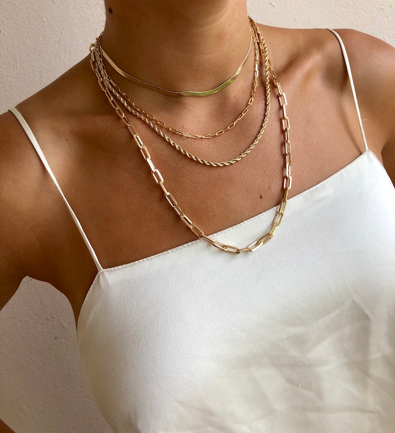 Layered Necklace Set | Gold Necklace Set| Herringbone Necklace | Paperclip Link | Gold Rope Chain | Long Gold Paperclip Chain Necklace 