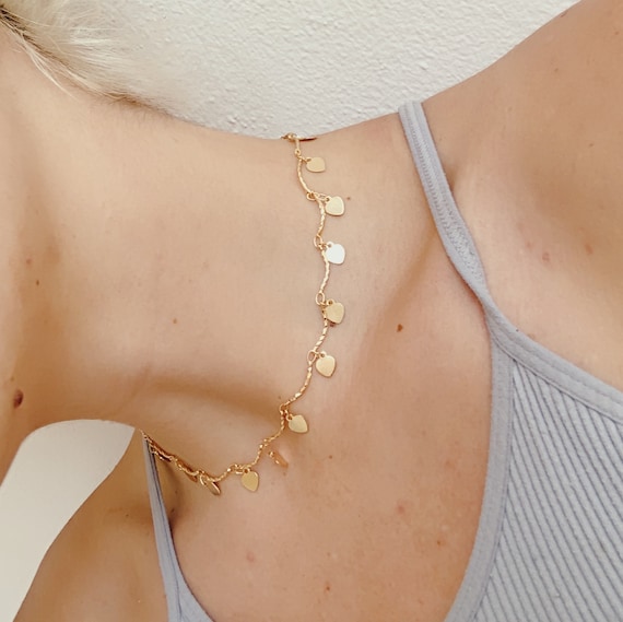 Gold Heart Choker, Gold Dangling Hearts, Heart Choker, Gold