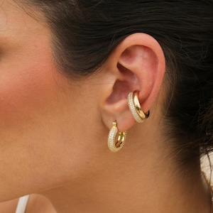Round Thick Ear Cuff Set | Plain Smooth Gold Ear Cuff | CZ Stone Pave Ear Cuff | Diamond Stone Ear Cuff | Minimalist Style Ear Cuff Set