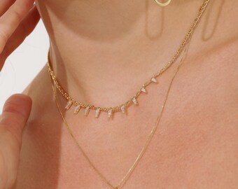 CZ Stone Fangs Charm Mariner Necklace | Mariner Link Cubic Zirconia Pendant Chain | Sharp Stone Designed Diamond Charm Necklace