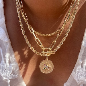 Gold Necklace Set | layer necklace set | Paper Clip Toggle Chain With Zirconia Compass Pendant | 18K Gold Layered Compass