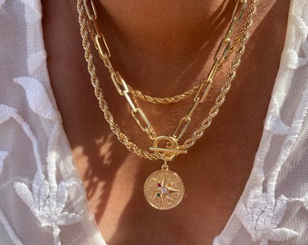 Gold Necklace Set | layer necklace set | Paper Clip Toggle Chain With Zirconia Compass Pendant | 18K Gold Layered Compass