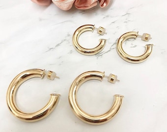 Open Back Gold Hoops | Small Gold Hoop Earrings | Large Gold Hoop Earring | 18k Gold Layered | Hypoallergenic Hoops | Chunky Gold Hoops