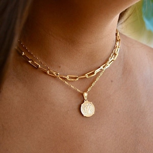 Gold Coin Medallion Necklace | Layer Link Chain | Paperclip Necklace | 18k Gold Layered