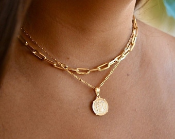 Gold Coin Medallion Necklace | Layer Link Chain | Paperclip Necklace | 18k Gold Layered