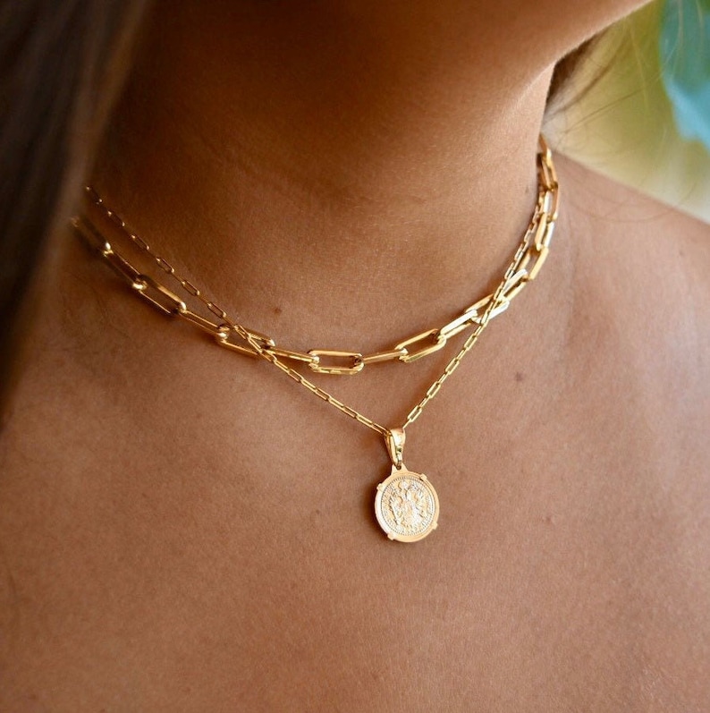 Gold Coin Medallion Necklace | Layer Link Chain | Paperclip Necklace | 18k Gold Layered