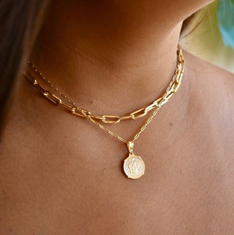 Gold Coin Medallion Necklace | Layer Link Chain | Paperclip Necklace | Layering Necklaces | Dainty Layered Necklace Set | Minimalist