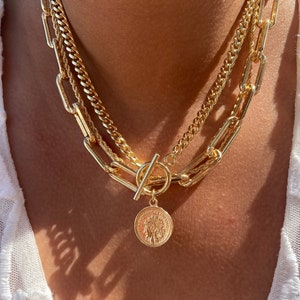 Coin Layered Chain Necklace | 18K Gold Filled Necklaces Set | Toggle Chain Caesar Chain | Chunky Gold Chain Set | Julius Cesar Chain