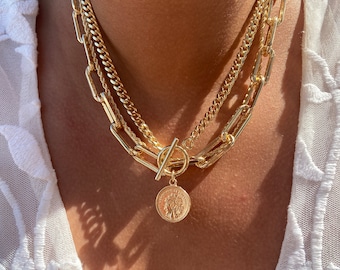 Coin Layered Chain Necklace | 18K Gold Filled Necklaces Set | Toggle Chain Caesar Chain | Chunky Gold Chain Set | Julius Cesar Chain