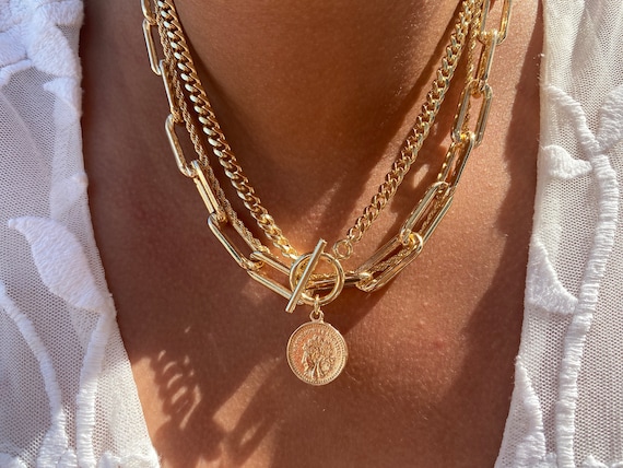 Coin Layered Chain Necklace 18K Gold Filled Necklaces Set Toggle