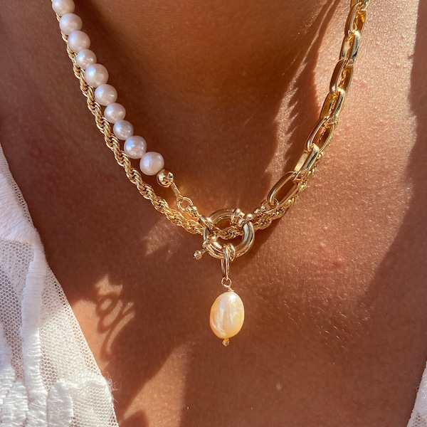 Collar de perlas de agua dulce / Conjunto de collares llenos de oro en capas / Collar de cuerda de clip de papel de perla / Collares apilados de oro