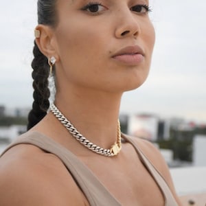 Half and half silver gold cuban choker Thick Gold Curb Choker, Miami Cuban Necklace, Silver and gold cuban, Thick Chain 18K Gold Filled