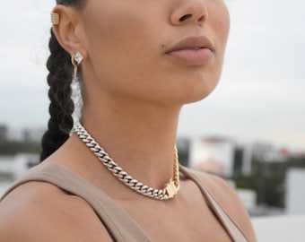 Half and half silver gold cuban choker Thick Gold Curb Choker, Miami Cuban Necklace, Silver and gold cuban, Thick Chain 18K Gold Filled