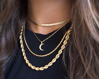 Layered Gold Filled Chain Set, Thick Chain 18K Gold Filled, Rope Chain, Gold Snake Chain, Gold Crescent Moon Necklace