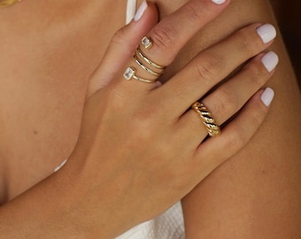 CZ Multi Shape Charms Wrap Ring | Chunky Croissant Ring | Cubic Zirconia Stone Twirl Wrap Ring Stack | Thick Large Croissant Ring Set