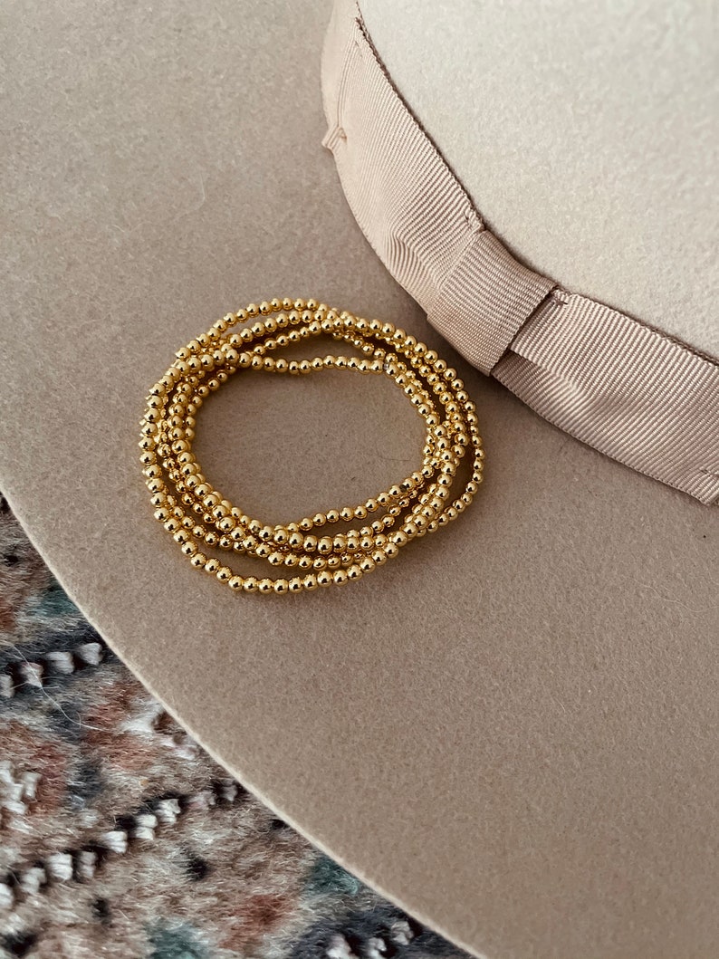 NEW HEAVY 3mm Gold Bead Bracelet Elastic Gold Bead Bracelet 18k Gold Filled Beaded Bracelet image 3