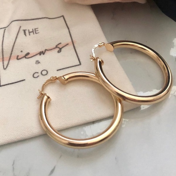 Gold Hoops | Gold Hoop Earrings | 4mm Thick Gold Hoops | Gold Round Hoops