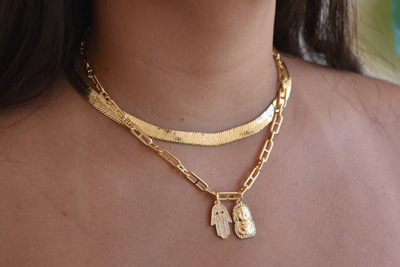 18K Gold Link Layered Necklaces Thick Herringbone Link Etsy
