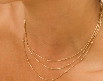 Dainty Gold 18K Choker Necklace | Triple Beaded Chain Set  | Boho Gold Choker | Gold Boho Necklace | Gold Layered Necklace for Women