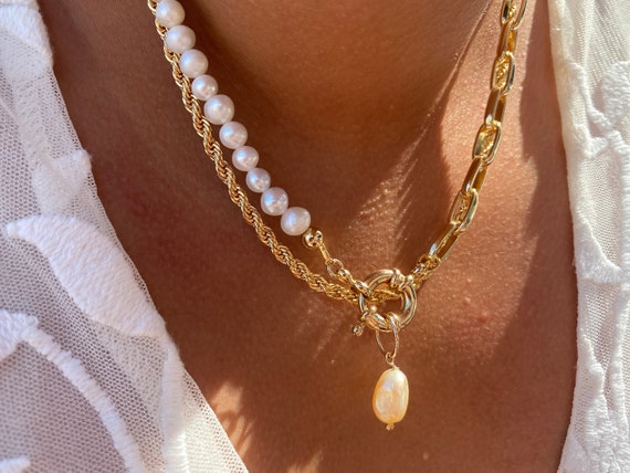 Gold Filled Paperclip Chain & Freshwater Pearl Necklace with Carabiner Lock
