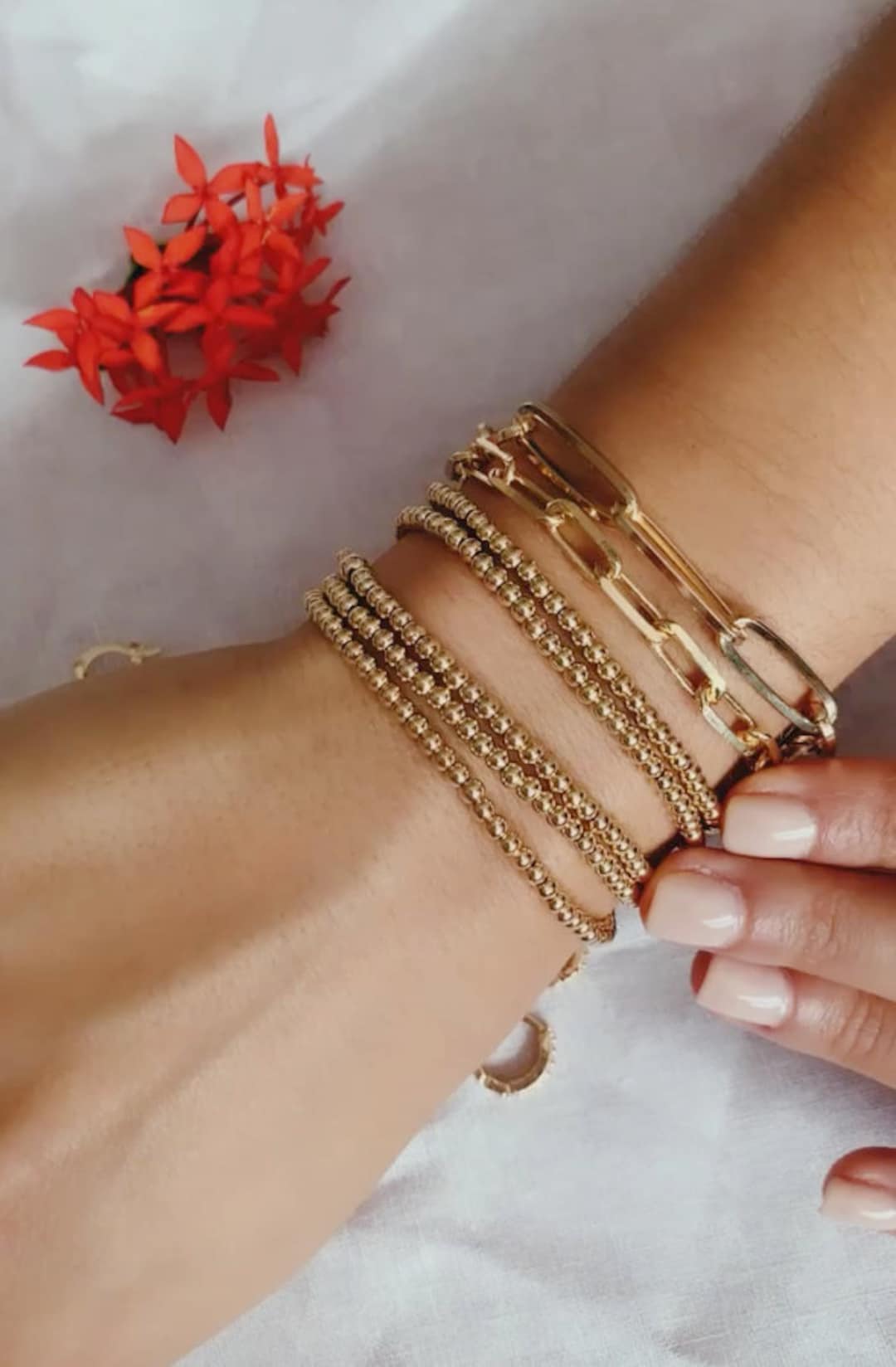 2mm Dainty Gold Stackable Beaded Bracelets Gold Bracelets Gold Elastic