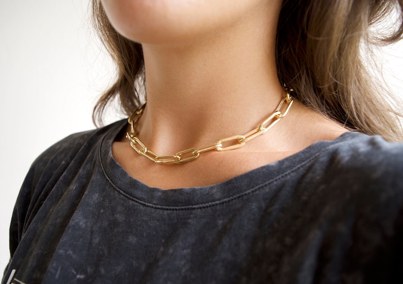 Thick Paperclip Link Necklace | 18k Thick Gold Link Choker | Link Chain Necklace | Gold Layered Chain | 18K Gold Filled | Rectangle Link 