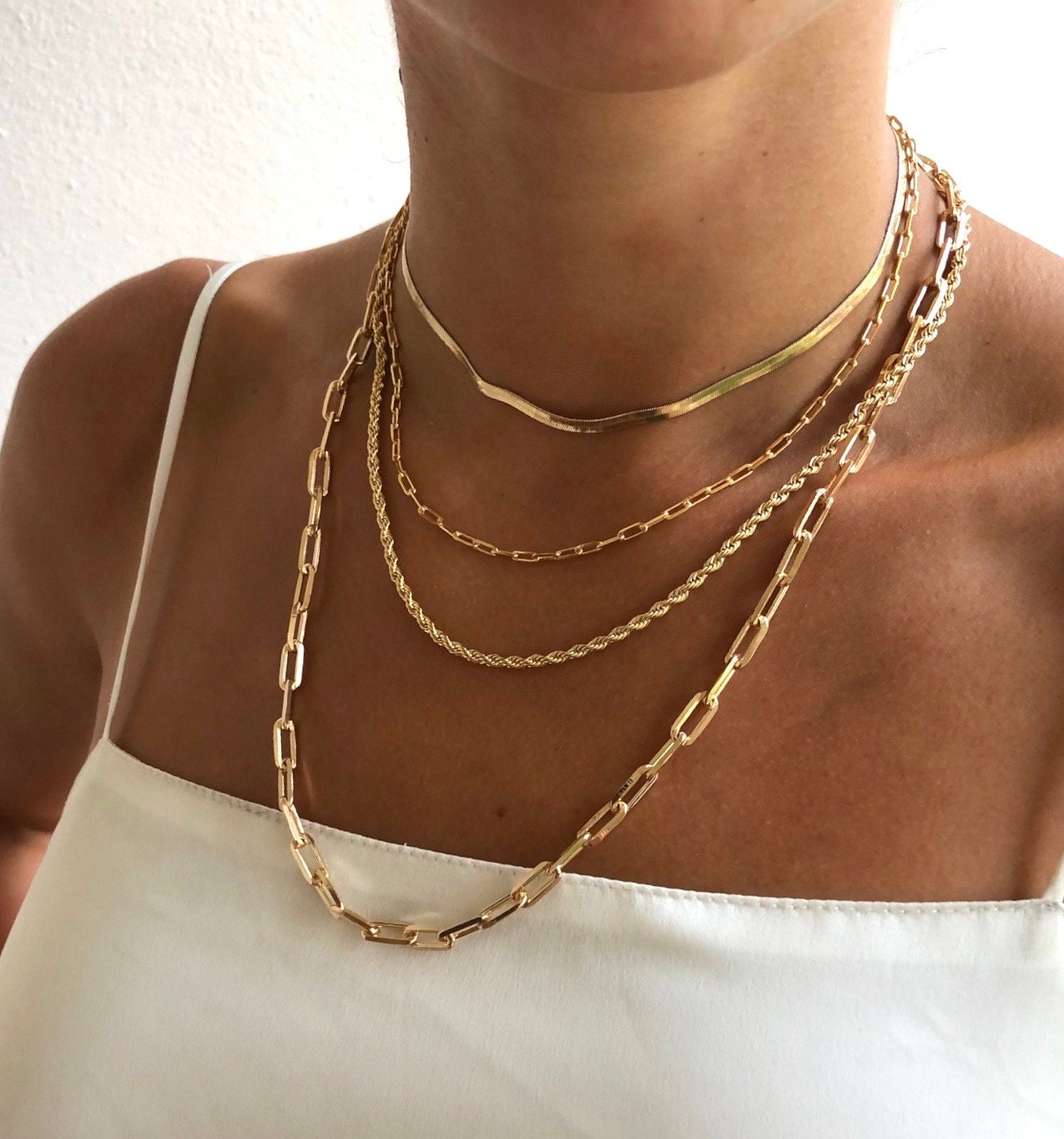 Gold Layering Necklace SET Layer Link Chain Paperclip Necklace L Rope Chain  L Horn Necklace L Layered Necklace L Paperclip Chain Choker 