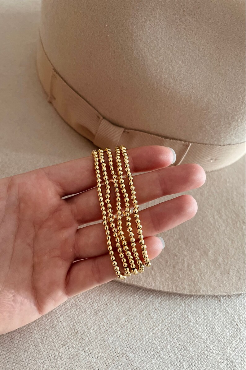 NEW HEAVY 3mm Gold Bead Bracelet Elastic Gold Bead Bracelet 18k Gold Filled Beaded Bracelet image 2