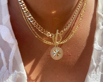 Coin Layer Necklace Set | Gold Dainty Chain necklace With Compass Pendant | Gold Filled Layered Necklace
