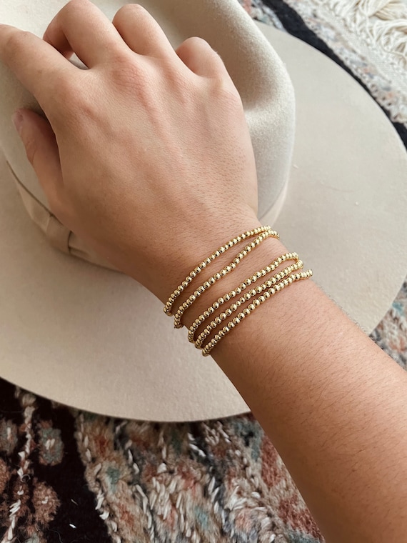 NOUVEAU LOURD bracelet perle dor de 3 mm Bracelet élastique perle dor Bracelet  perlé rempli dor 18 carats -  France